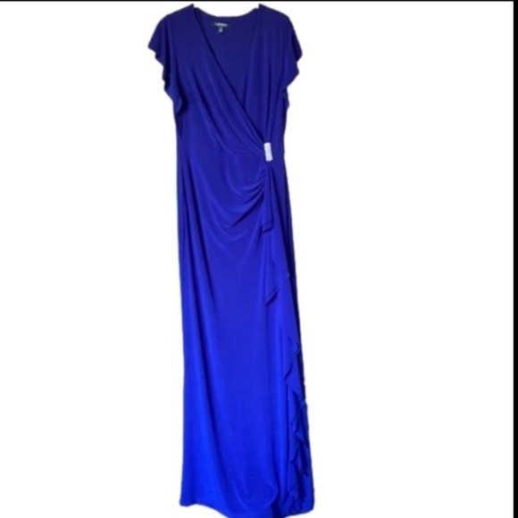 Ralph Lauren Parisian Ruched Floor Length Gown Size 8 Wrap Style Rhinestone Blue - Picture 5 of 12